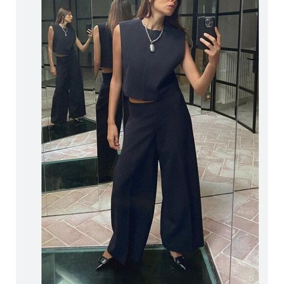 Zara Womens Pants XS Trouser Blue Wide Leg Balloon Fit Mid Rise 1478/226 NWT - Picture 1 of 11